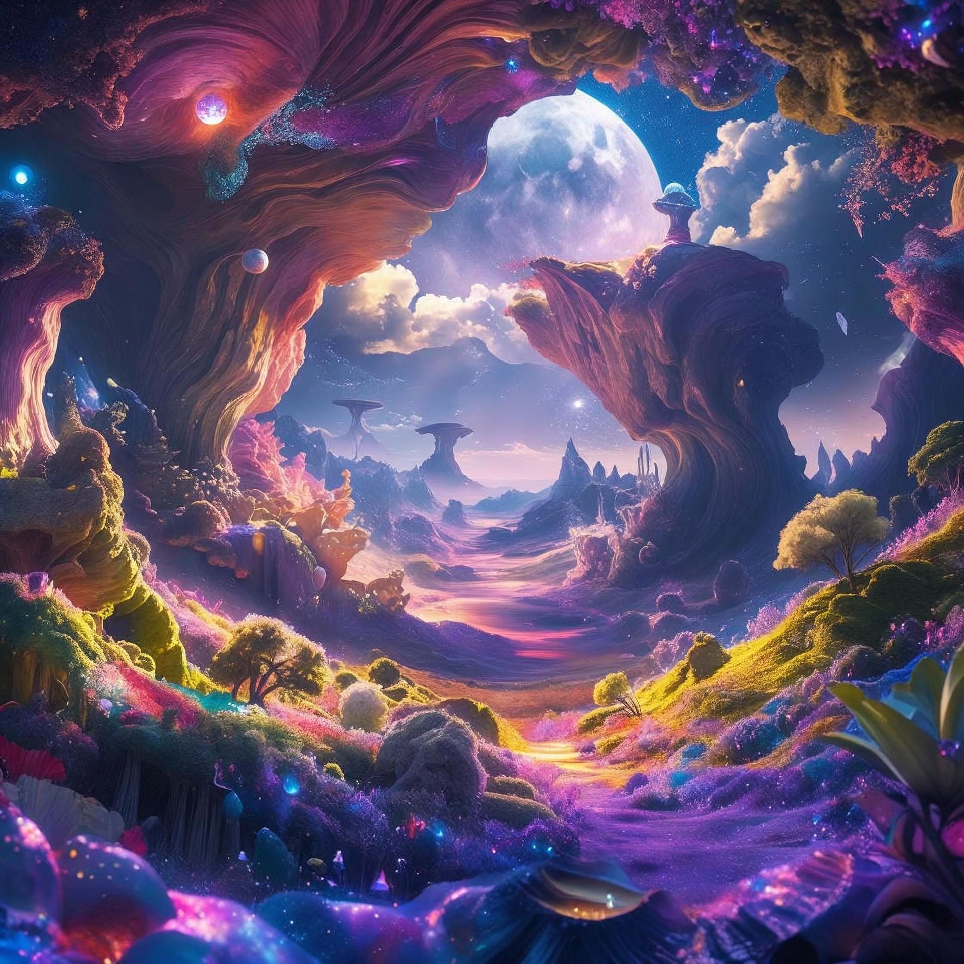 A painting of a colorful landscape with trees and a moon in the background