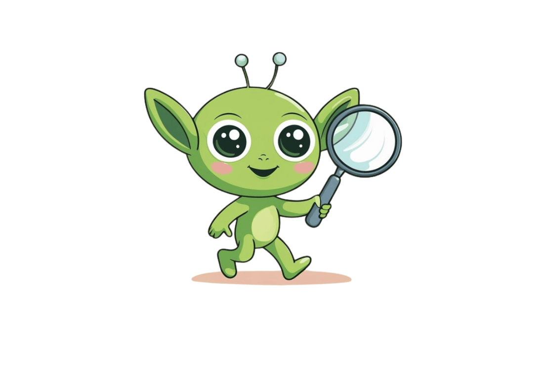 A cartoon green alien is holding a magnifying glass.