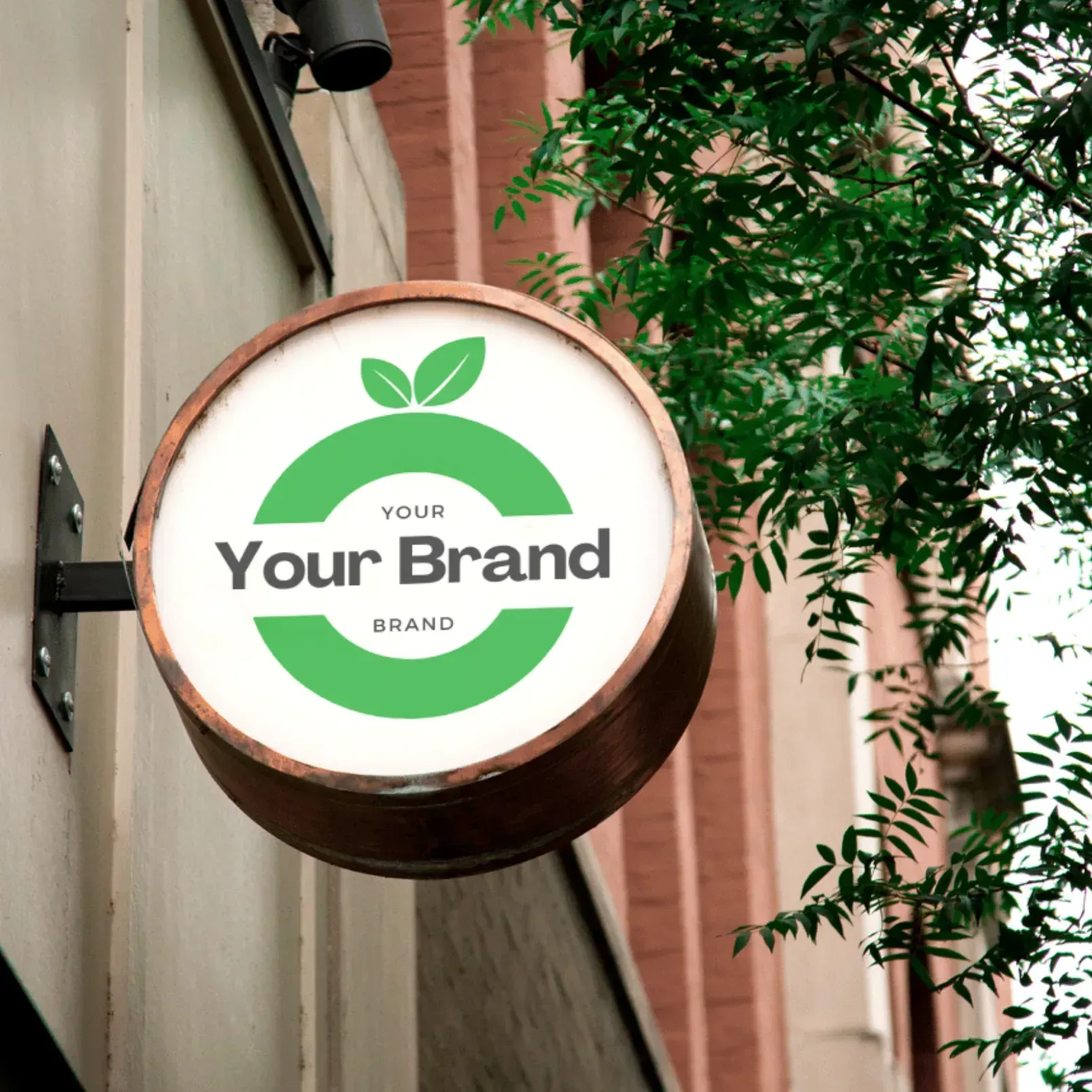 A sign on the side of a building that says your brand