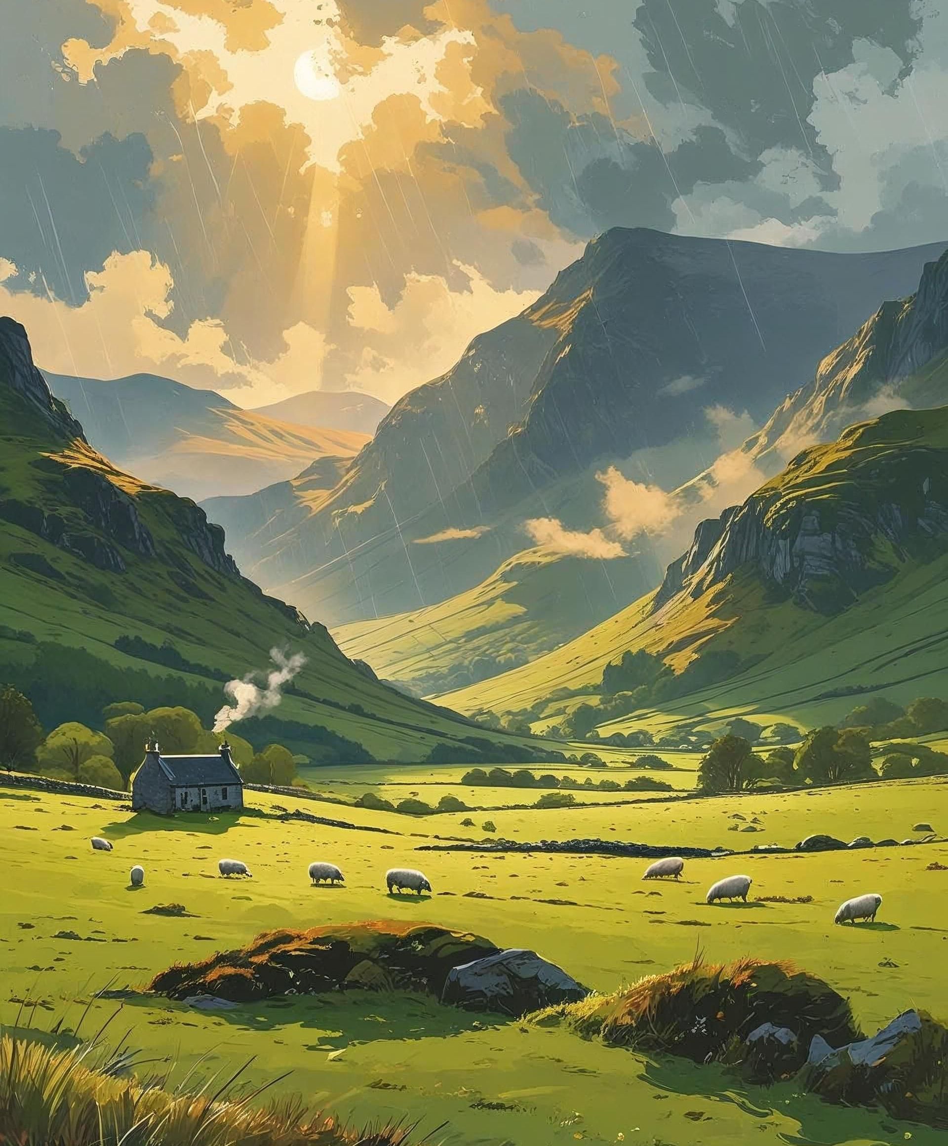 A painting of a river running through a valley with mountains in the background