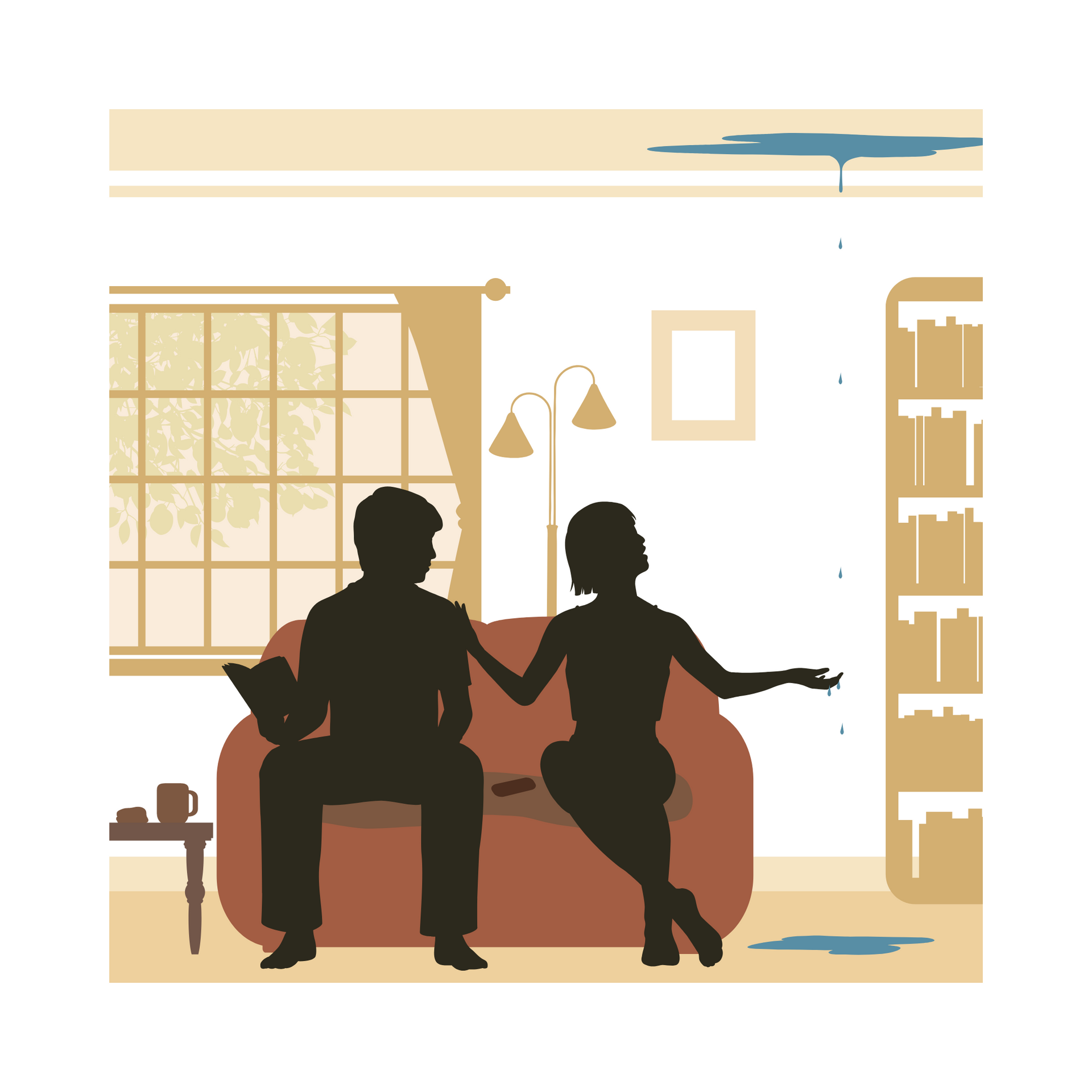 A man and a woman are sitting on a couch in a living room.