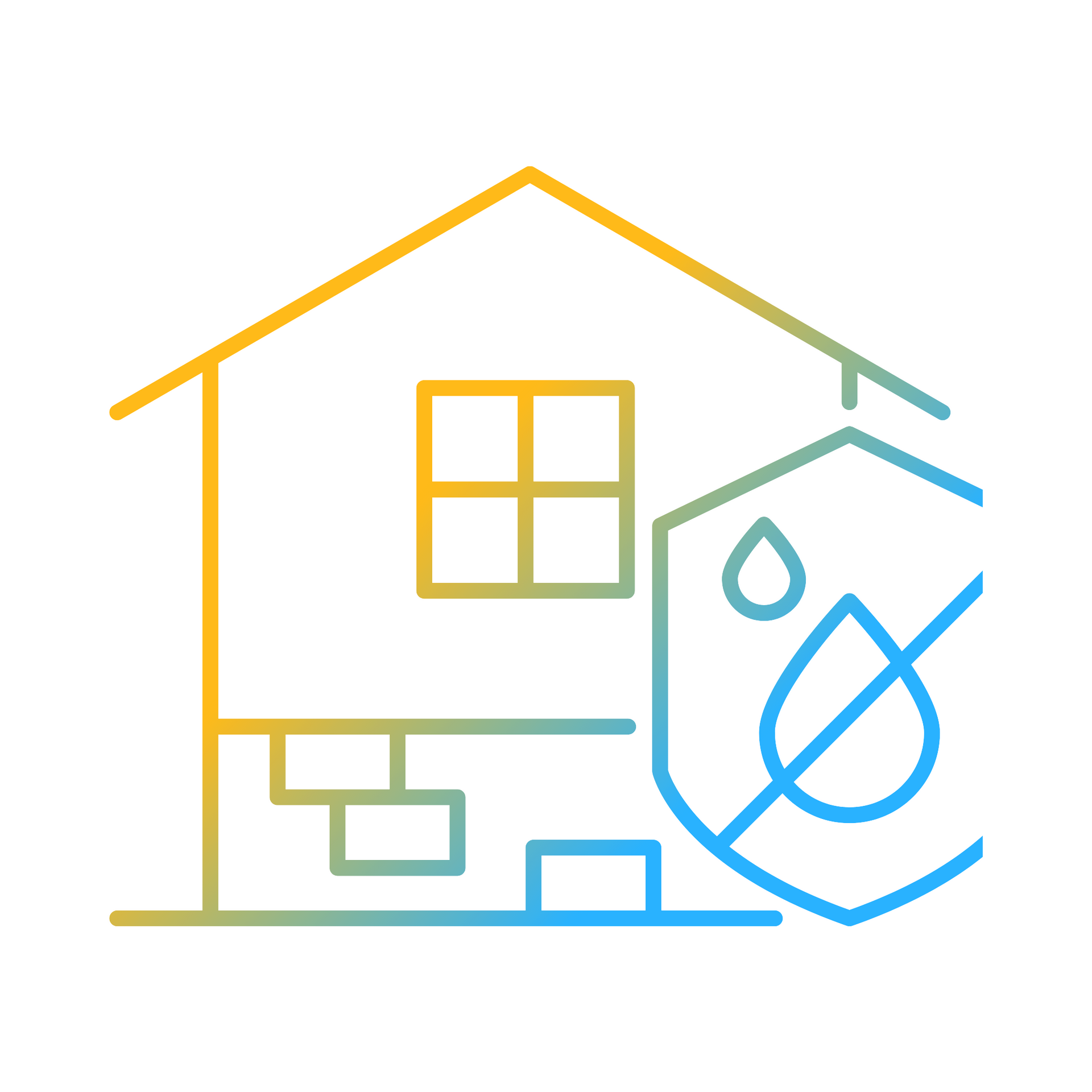 A line drawing of a house with a shield around it.