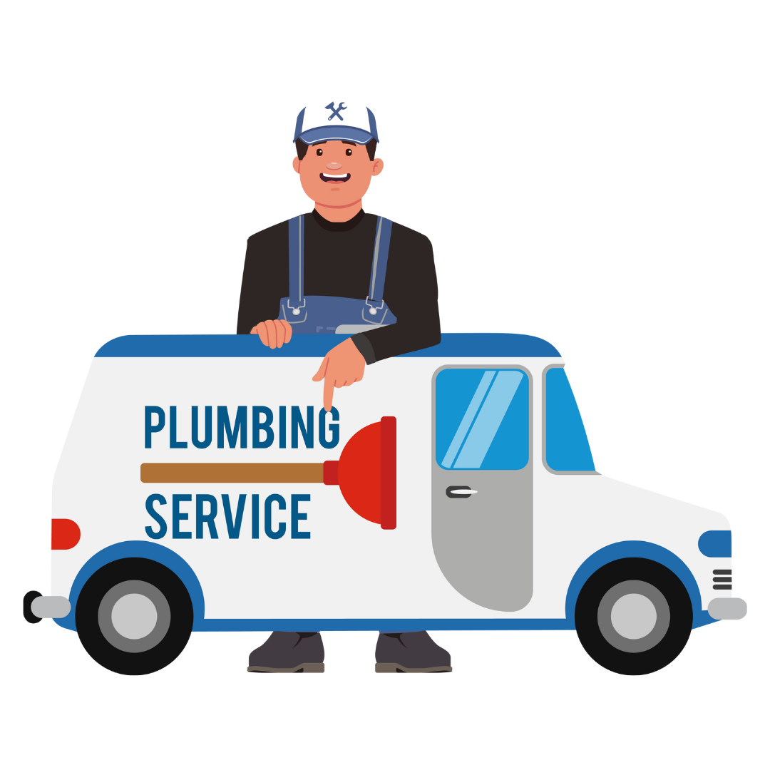 A plumber is standing on the back of a plumbing service van.