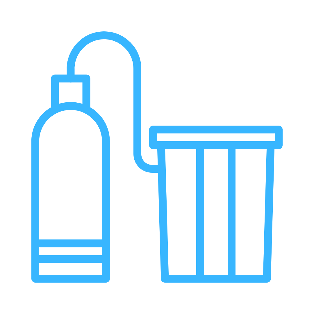 A blue icon of a bottle and a trash can on a white background.