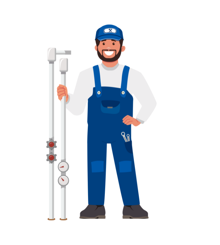 A man in blue overalls is holding a pipe and smiling.