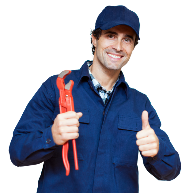 A man in a blue shirt is holding a wrench and giving a thumbs up