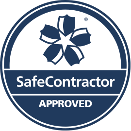 A blue circle with a flower in the middle that says safe contractor approved