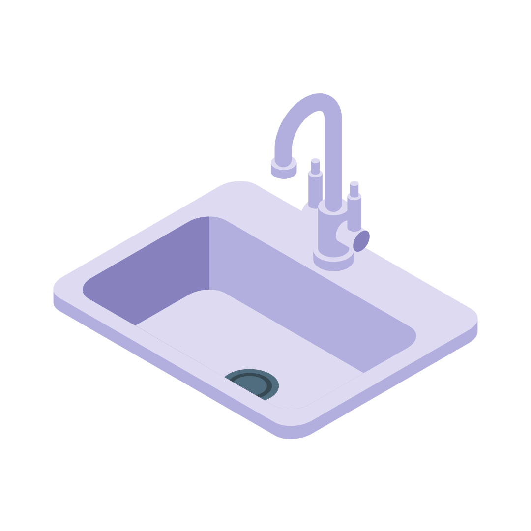 An isometric illustration of a kitchen sink with a faucet.