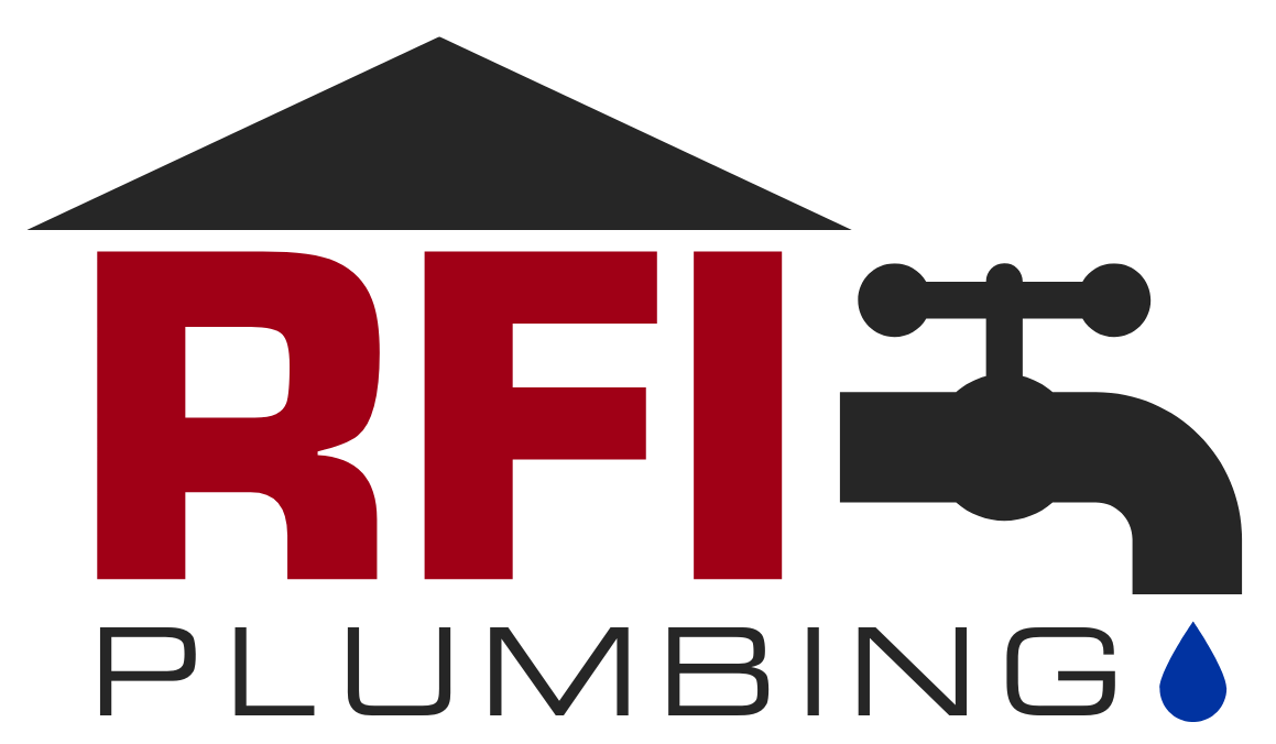 A logo for rfi plumbing with a faucet and a drop of water.
