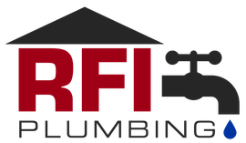 A logo for rfi plumbing with a faucet and a drop of water.