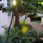 A white house with a car parked in front of it and a tree in front of it.