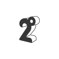 Gray, 3D rendering of the number two. The top loop appears to have a hollow circle cut out.