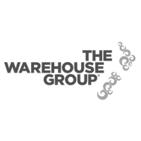 Logo for The Warehouse Group, with text and decorative swirls pointing right.