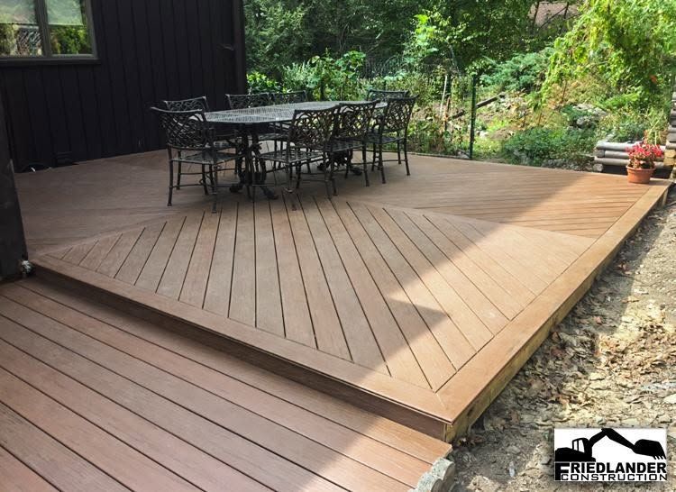 Wooden deck patio with outdoor table and chairs beside a garden and house wall