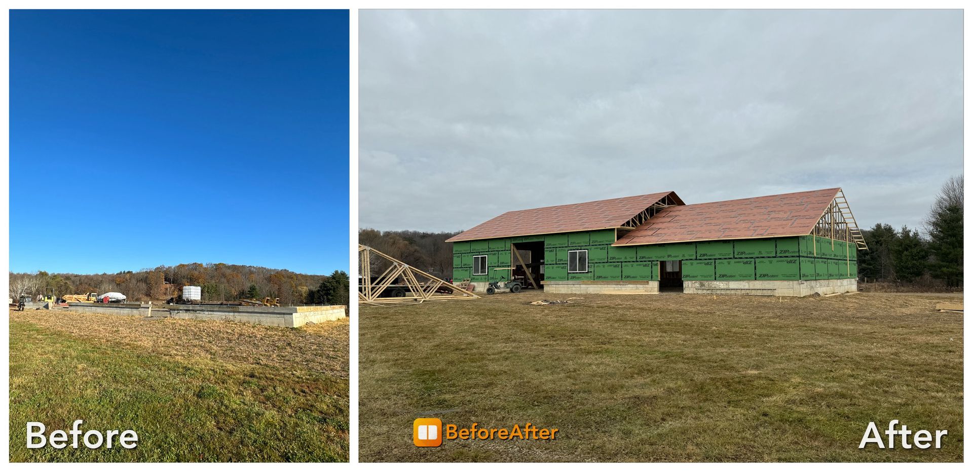 Before-and-after split image of a field, showing a house under construction in the after view.
