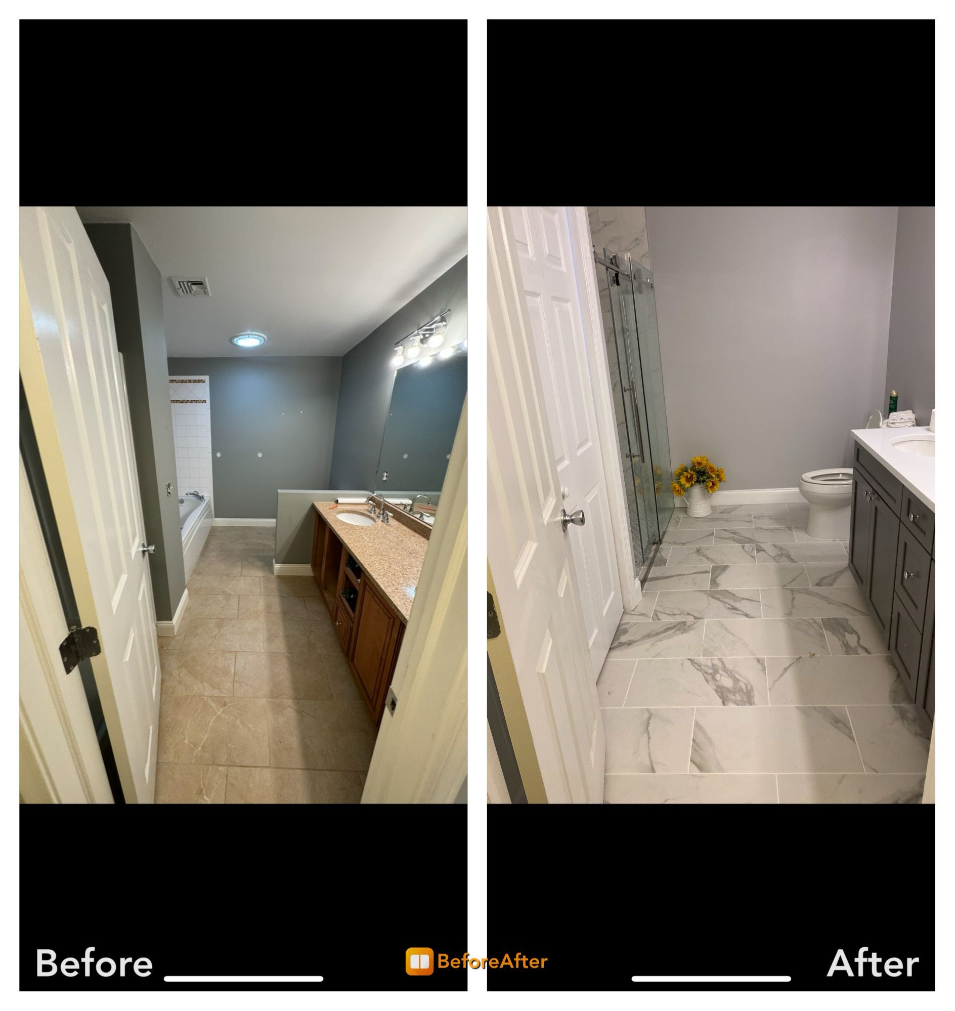 Before-and-after of a bathroom remodel: old dark vanity area replaced with a bright white marble-look bathroom.