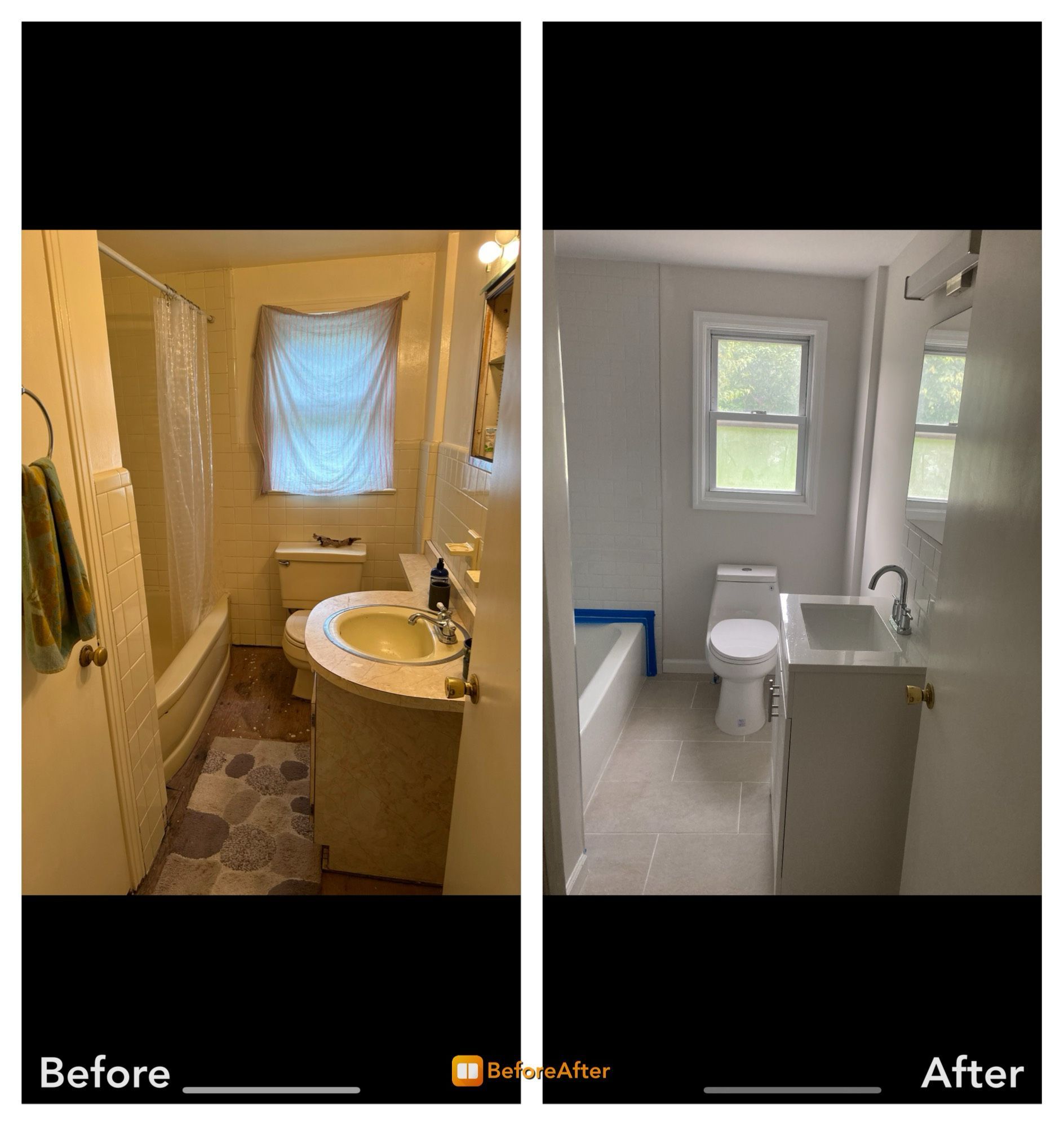 Split-screen bathroom remodel before-and-after: cramped yellow bath becomes bright white accessible bathroom.