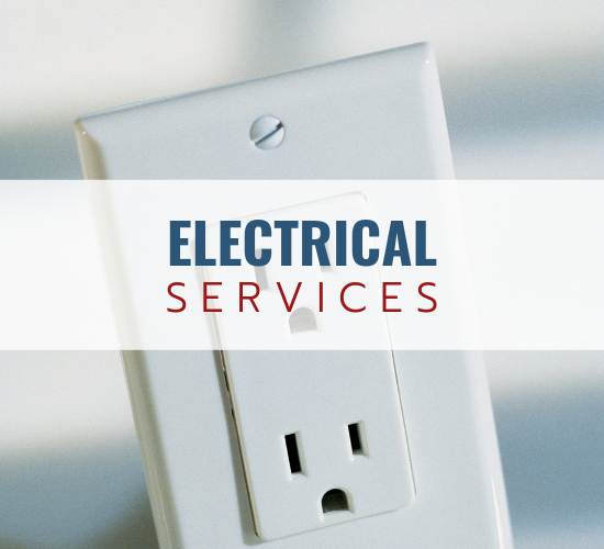 Electrical services ad with a white wall outlet and blue-red text