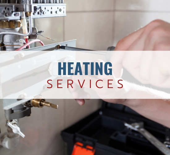 Heating services banner over a close-up of boiler repair tools and equipment