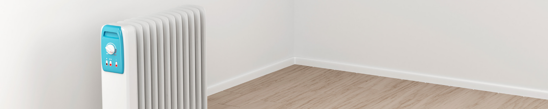 White radiator beside a light wood floor against a white wall in a clean room