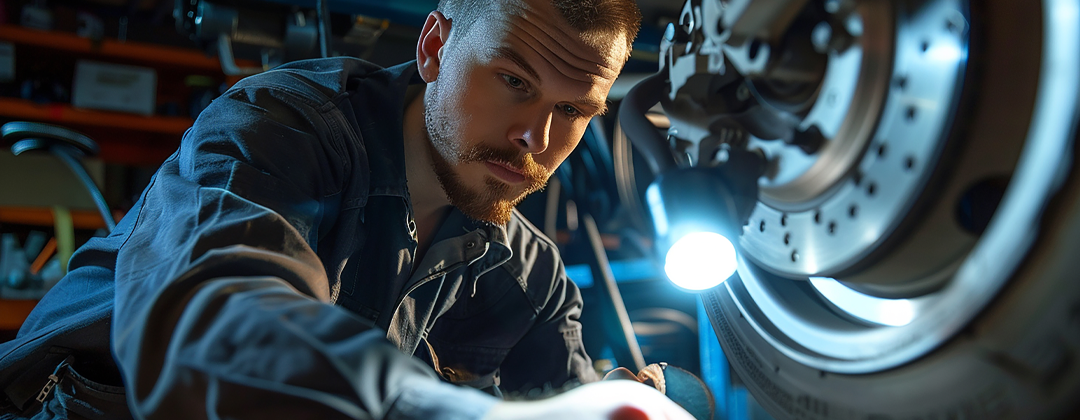 Technician inspecting brake pads during routine service