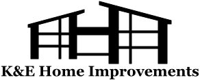 K&E Home Improvements logo with black house roof and windows over bold company name