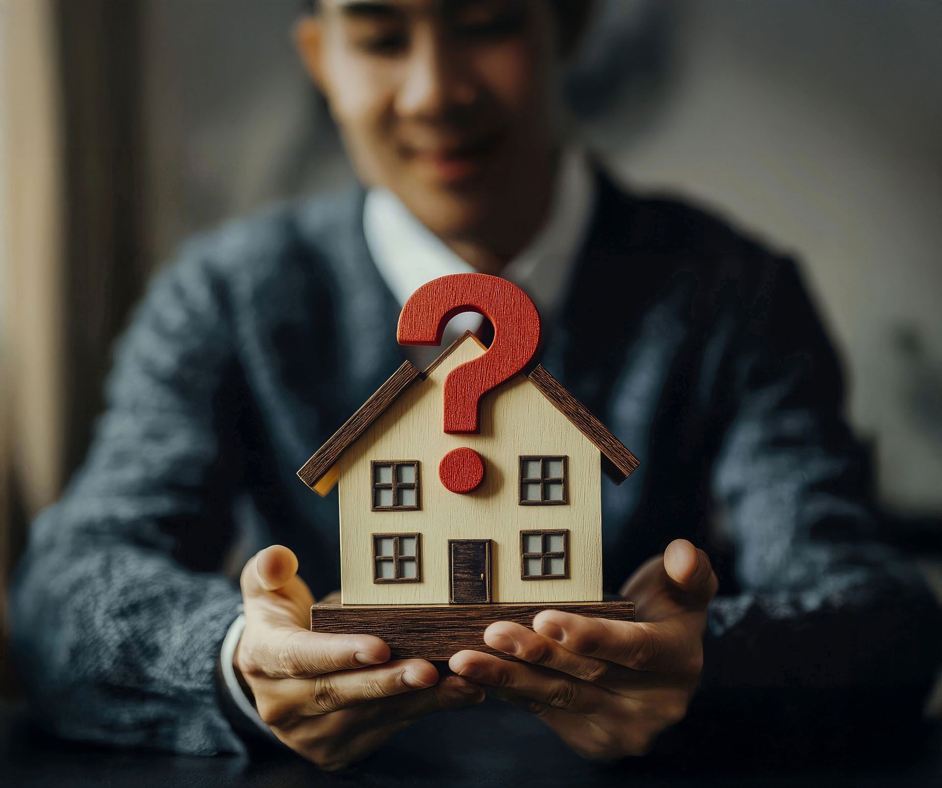 A person is holding a model house with a question mark on it.