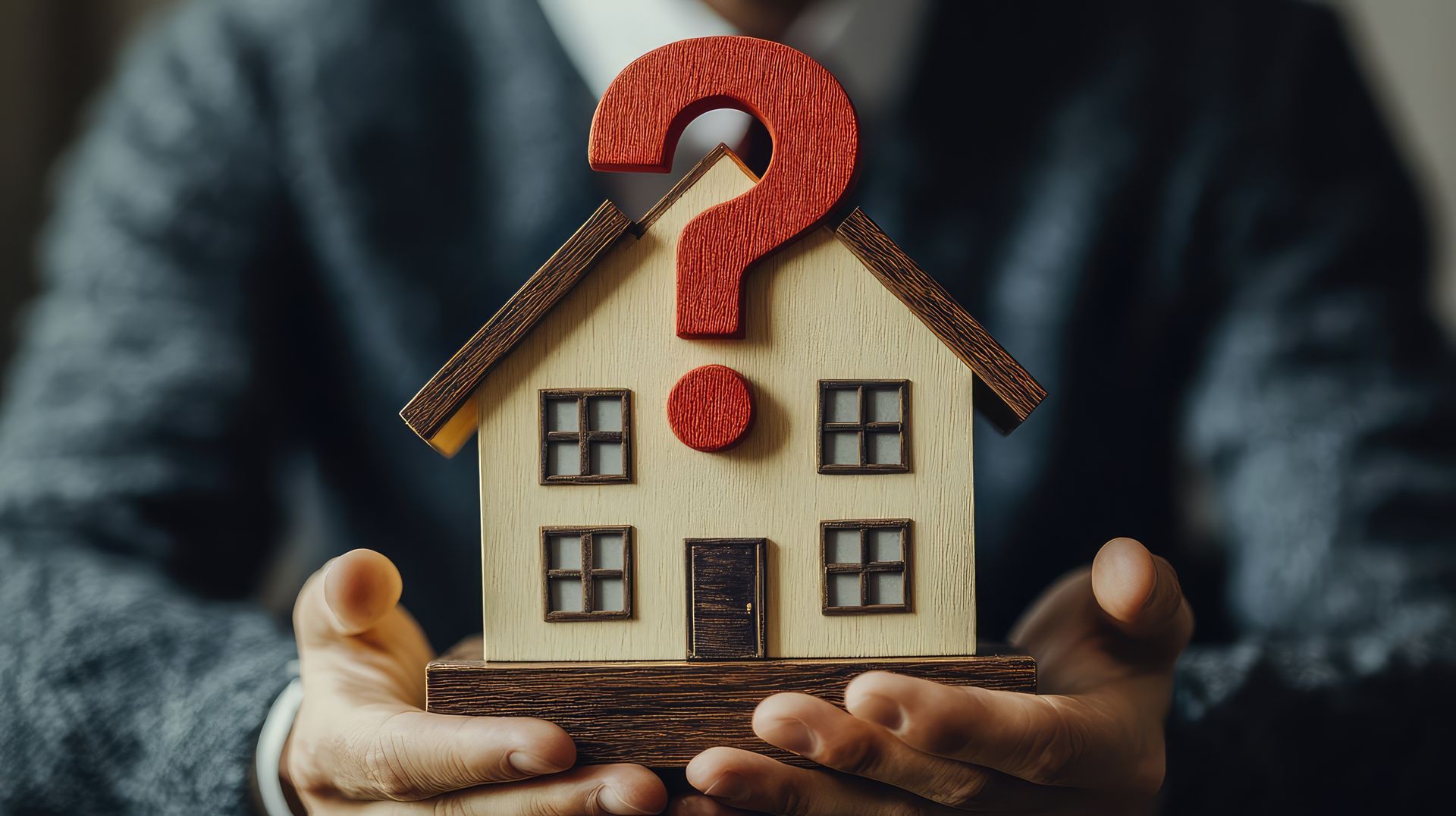 A person is holding a model house with a question mark on it.