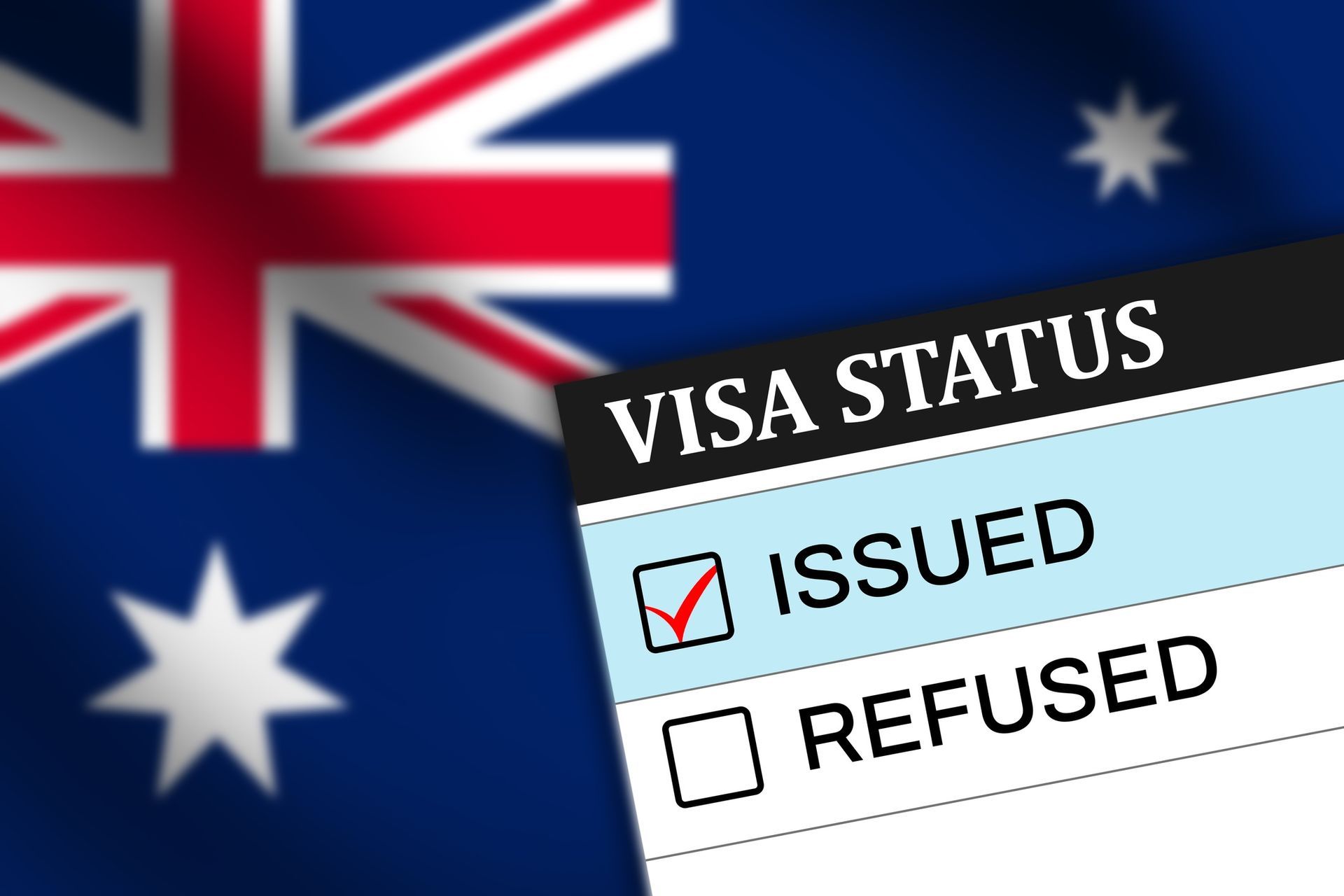 An Australian flag is behind a visa status checklist