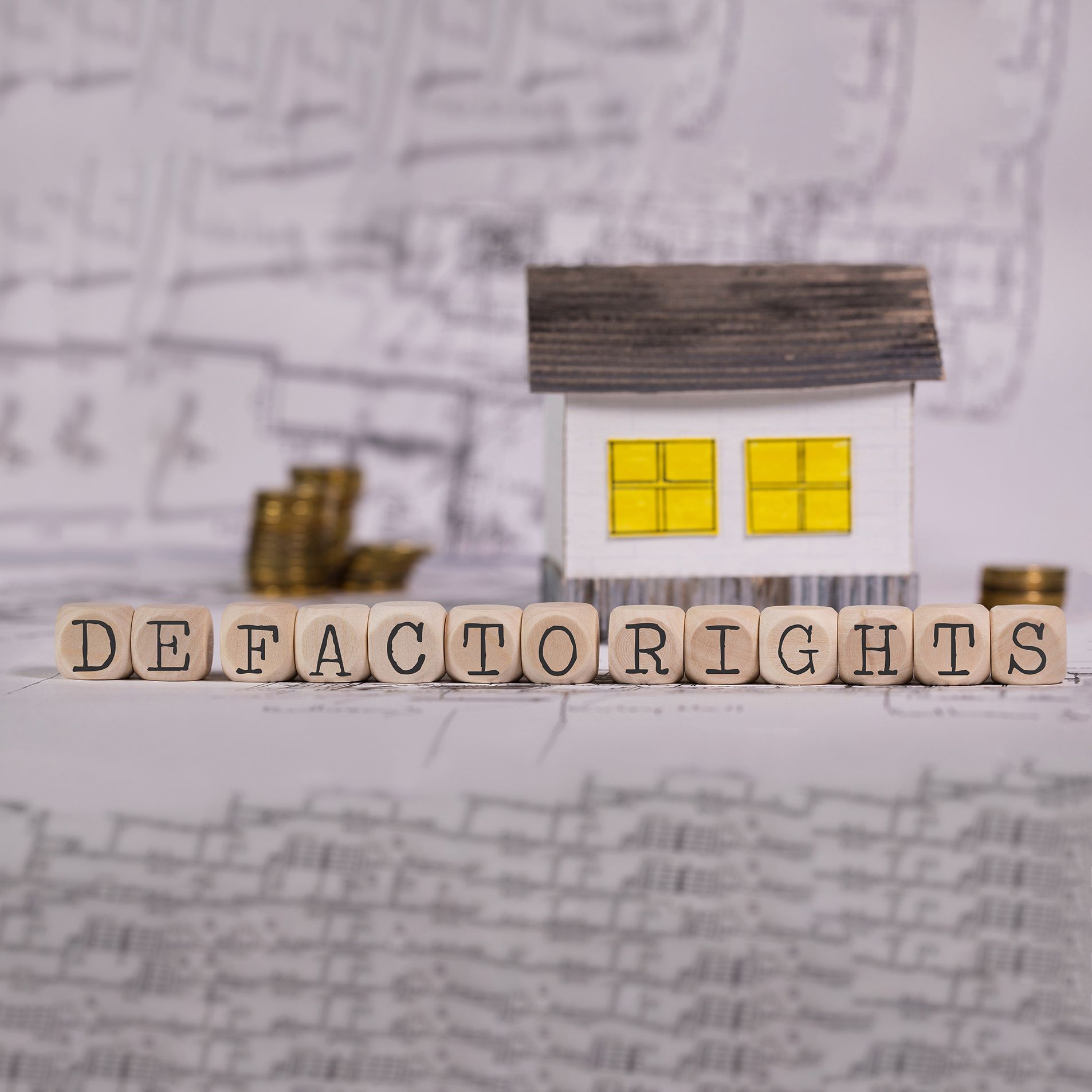A small model house with the words de factor rights written on wooden blocks.