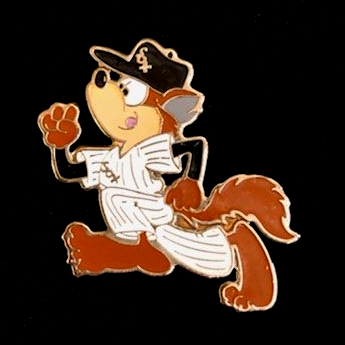 A cartoon squirrel is wearing a sox baseball uniform