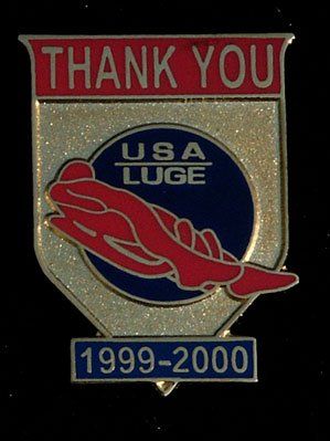 A pin that says thank you usa luge 1999-2000