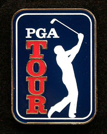 A logo for the pga tour with a golfer swinging a golf club