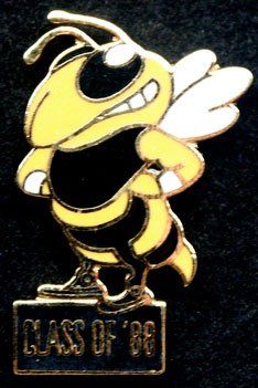 A bee pin that says class of '86 on it