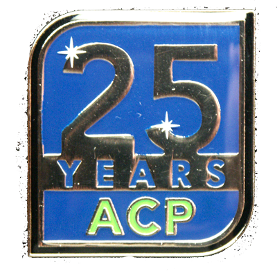 A blue and green 25 years acp pin