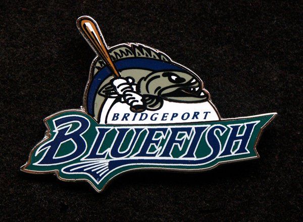 A bridgeport bluefish logo with a fish holding a baseball bat