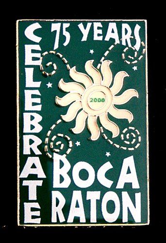A green sign that says 75 years celebrate boca raton