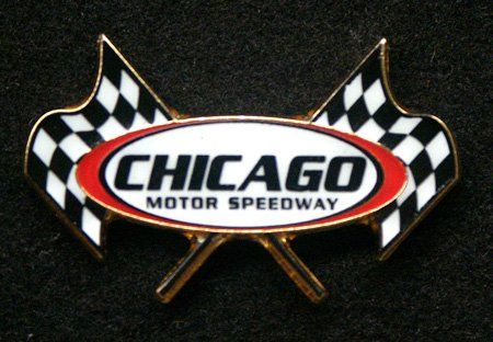 A chicago motor speedway pin with crossed checkered flags