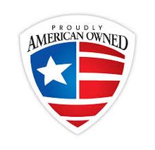 A proudly american owned sticker with an american flag on a shield.