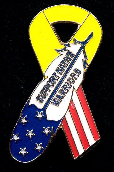 A yellow ribbon with the words support native warriors on it