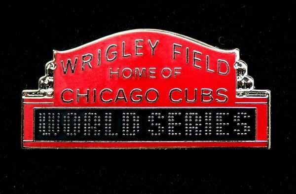 A red sign that says wrigley field home of chicago cubs