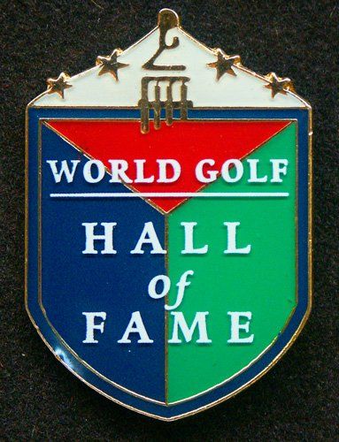 A world golf hall of fame pin on a black background