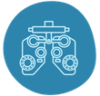 A line drawing of an eye test machine in a blue circle.