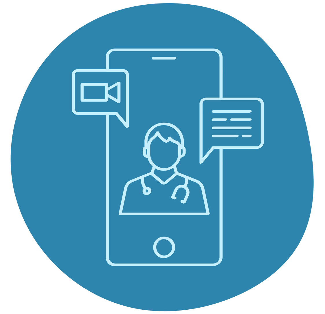 A line drawing of a doctor talking to a patient on a cell phone.