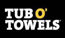 Black logo for Tub O' Towels; white text with a yellow 