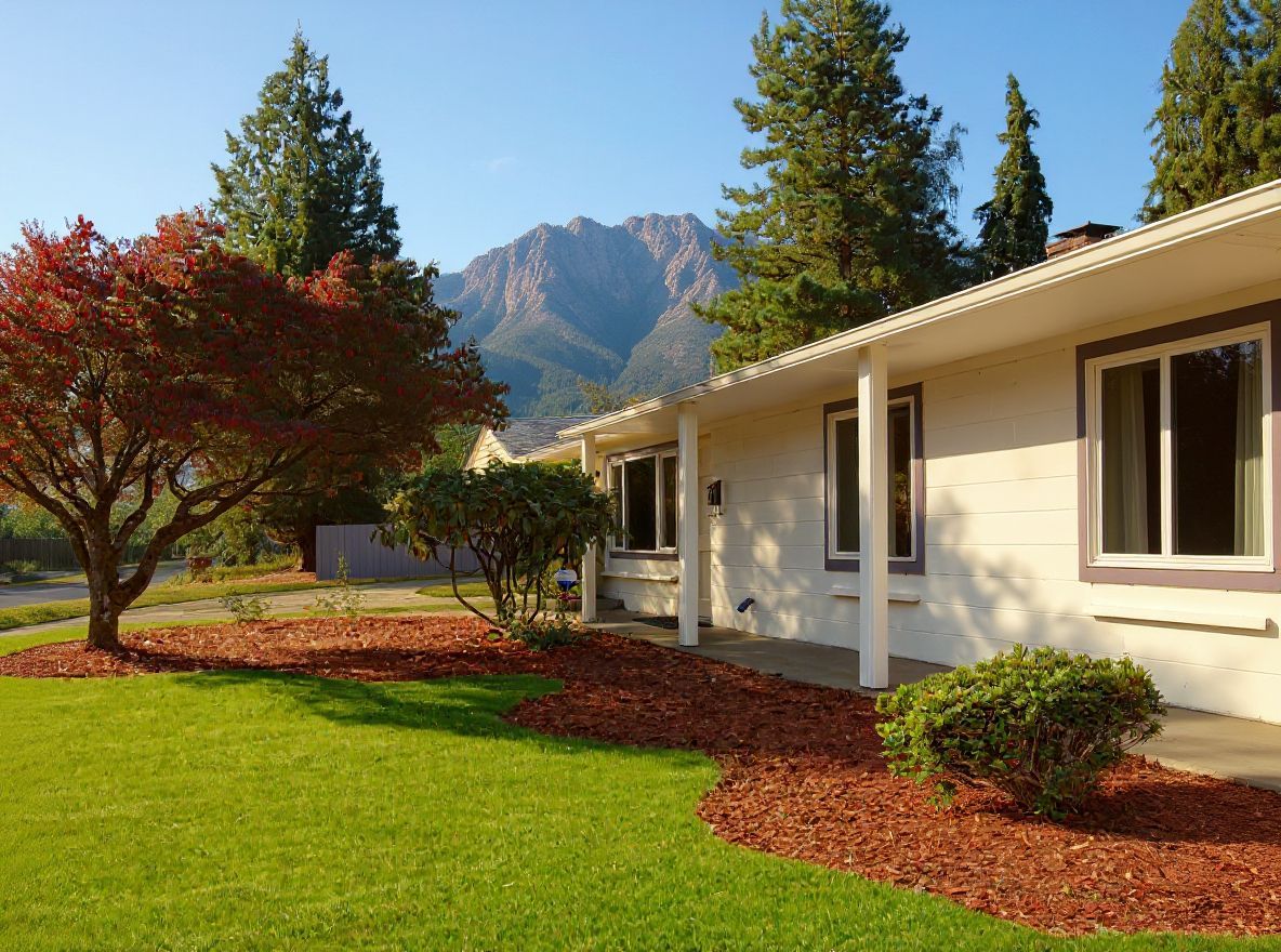 White house with green lawn, red mulch, and colorful trees under blue sky.