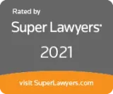 Super Lawyers 2021 badge with gray background, white text, and orange bottom.  Visit SuperLawyers.com.