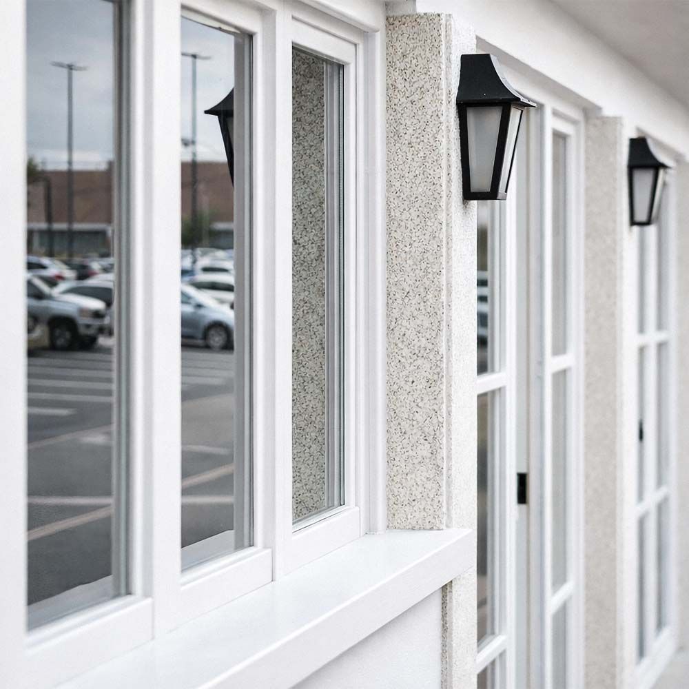 White building facade with windows reflecting a parking lot, black lamps, and textured column.