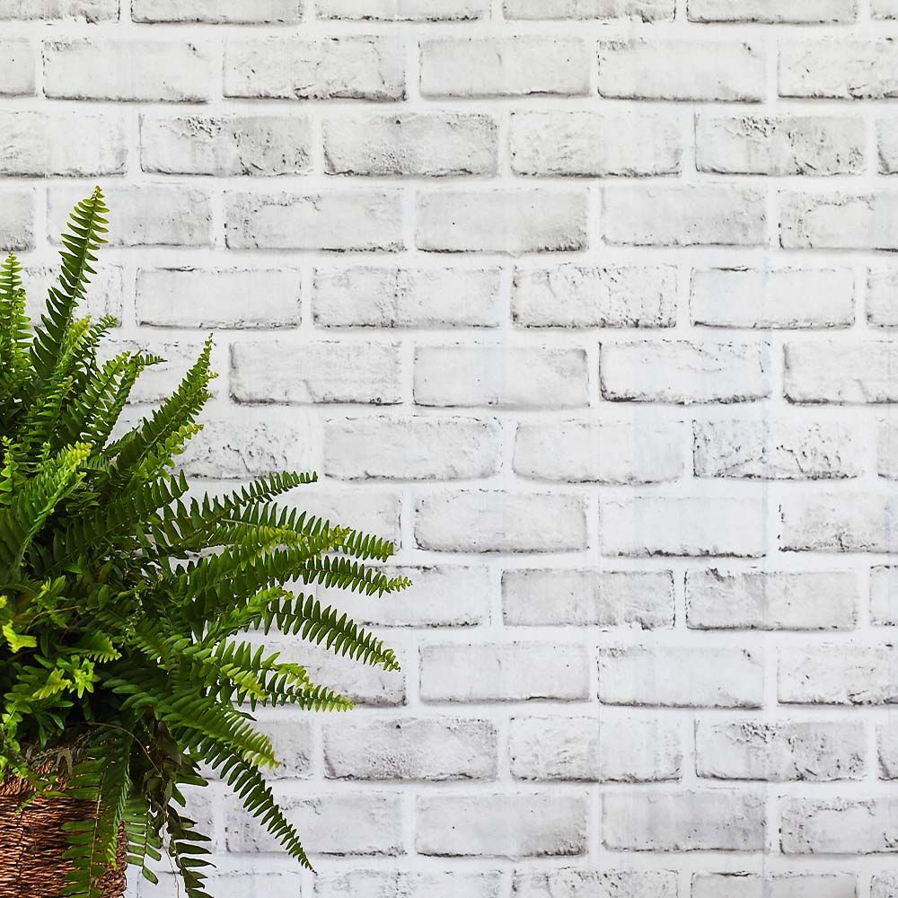 Fern plant in a wicker basket against a white brick wall.