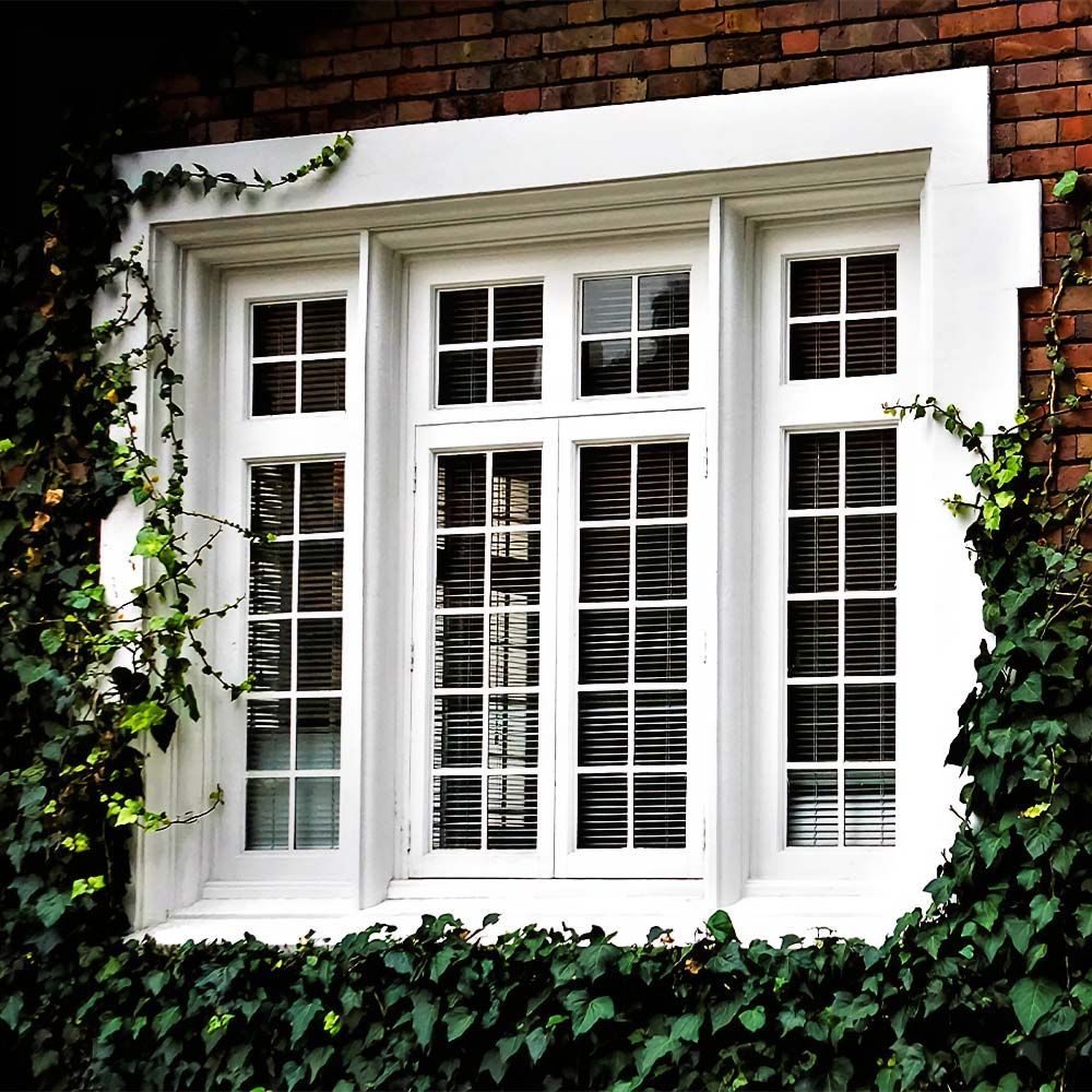 White-framed window with small panes, covered in ivy, set in a brick wall.